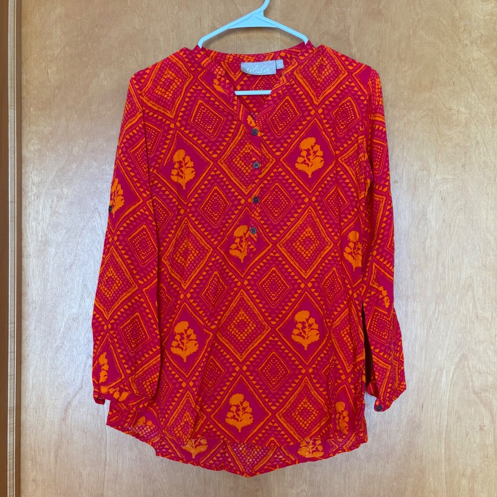 UTSA Women's Small Red Orange Geometric Print Tunic Top Long‎ Sleeve